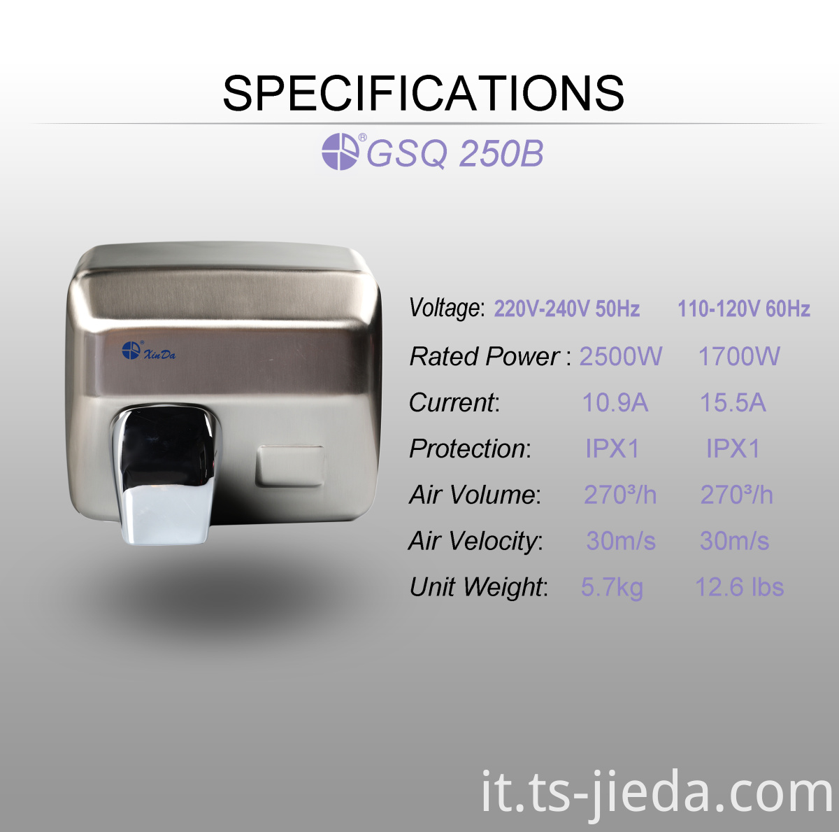 Asciugamani elettrico ad aria ad alta velocità con ugello di rotazione High speed air hand dryer with Spin nozzle